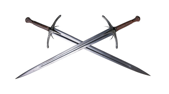 Two crossed medieval longswords with leather wrapped handles and steel blades