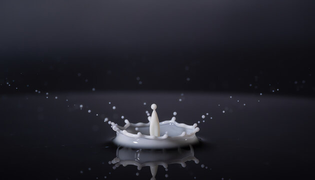 A close-up of a milk splash captured mid-air against a dark background, showing droplets and ripples with clear reflection on the surface.