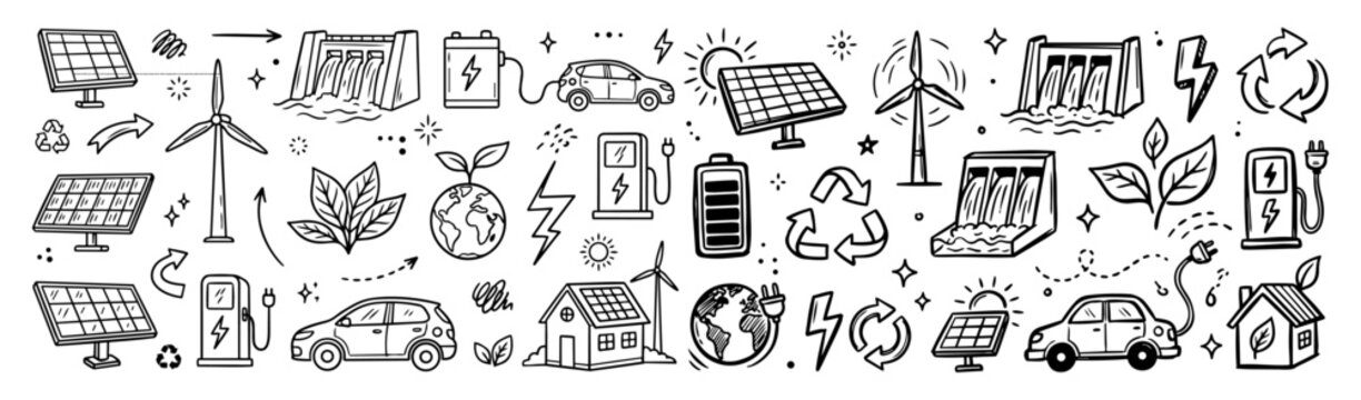 Hand drawn doodle vector mega pack of clean energy featuring solar panels, wind turbine, hydro dam, battery storage, electric vehicle and charging station isolated on white background