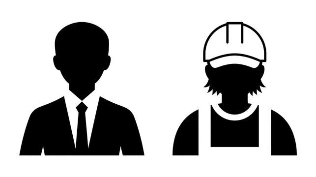 Black silhouette icons of a businessman in a suit and a construction worker