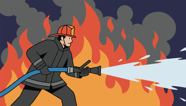 Brave firefighter using a water hose to extinguish a massive fire with intense orange flames and billowing dark smoke clouds.