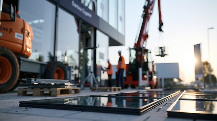 Fototapeta premium Façade installation on modern commercial building with glass panels and construction crew