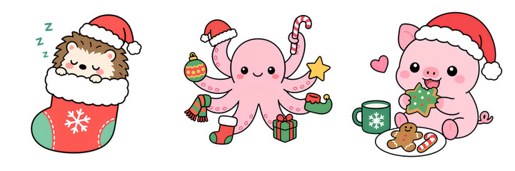 Naklejka premium Cute Christmas hedgehog kawaii octopus festive pig cartoon animal holiday illustration santa hat stocking candy cane gingerbread cookie hot