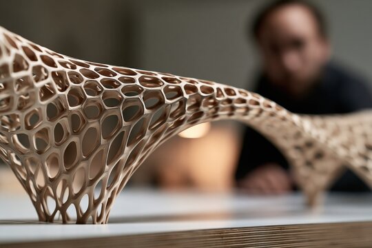 Generative architecture model with repeating structural cells on studio table