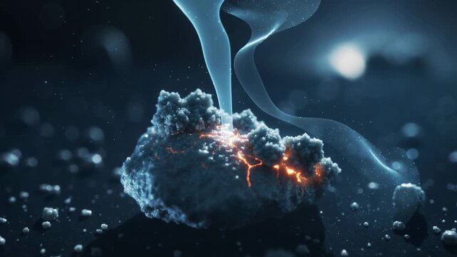 Pulsing porous rock in macro reacting as blue form descending, touching fissure, sparking ribbons