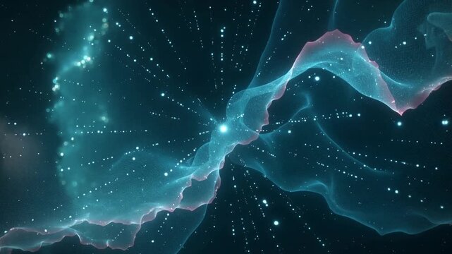 Brightening knot sending particles outward in space, teal-pink filaments showing convergence