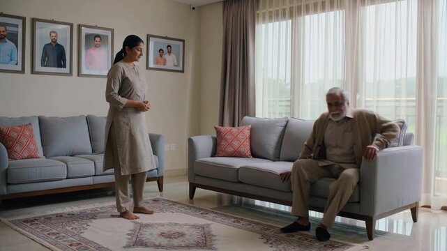 After pause, walking senior man at home toward right sofa, checking armrest and sitting to rest