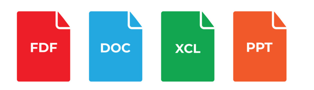 Set of colorful file format icons including fdf, doc, xcl and ppt