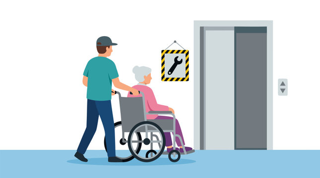 Elderly woman in wheelchair being pushed by caregiver toward broken elevator with maintenance warning sign, healthcare facility accessibility concept - professional high