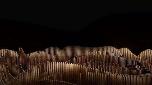 Shimmering gold abstract wave composed of vertical strips and lines creating a luxurious metallic 3D background. Evokes motion, rhythm and modern texture for design, technology