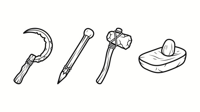 Detailed description of ancient and primitive tools including a sickle, spear, stone axe, and grinding stone.