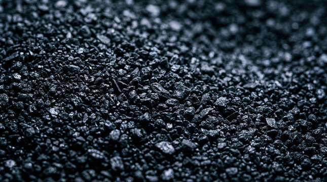 High angle close up of fine black charcoal granules showing detailed coarse mineral texture for industrial filter raw material or manufacturing background.