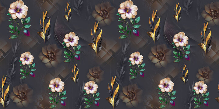 Seamless floral pattern featuring realistic cream and purple flowers with golden foliage on a vibrant textured abstract background. Perfect for textile and saree printing.