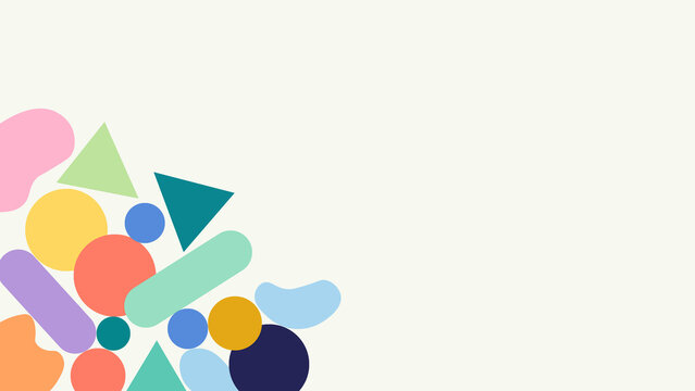 Abstract composition with assorted geometric figures including triangles circles and rounded bars on a light background for modern creative project layout design needs