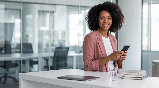 Smiling businesswoman holding smartphone in modern office, professional mobile communication.