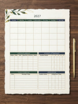 Educational 2027 planner featuring a weekly calendar, lesson planning, student attendance, class schedule, and grade book sections on textured paper.