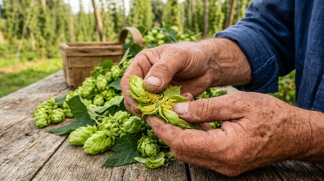 Farmer inspecting fresh green hop cones for quality and lupulin powder content in field