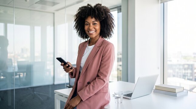 Professional businesswoman holding a smartphone in a modern bright office environment