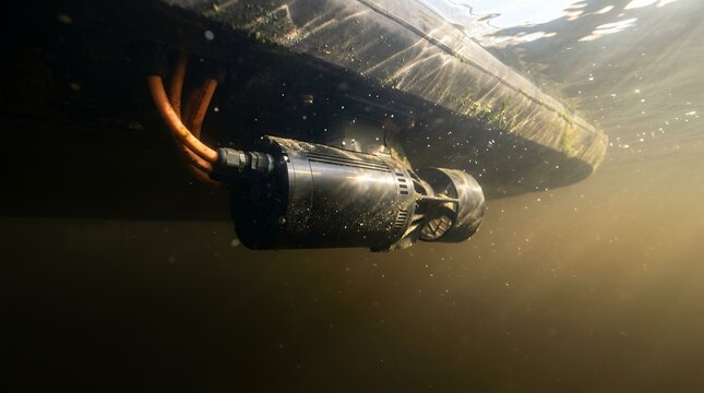 Underwater view of an electric boat motor propulsion pod mounted beneath a vessel hull.