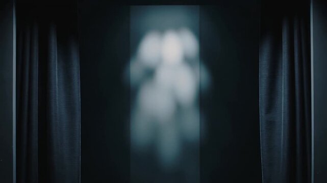Opening curtain revealing backlit humanoid silhouette on stage, signaling show start with footrail