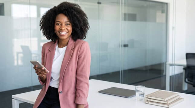 Smiling Black Businesswoman Holding Smartphone in Modern Office