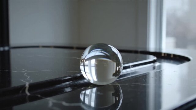 Pulling back camera showing glass sphere on black marble table, shifting window reflection and dust
