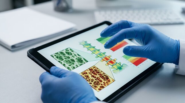 Doctor reviewing bone density DEXA scan on tablet for osteoporosis diagnosis in clinic