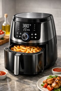 Modern digital air fryer with crispy golden french fries and roasted chicken for kitchen appliance background and recipe banner for home cooking