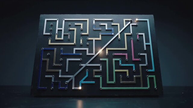 Starting LED pellet moving along diagonal rail across maze, lighting channels toward exit