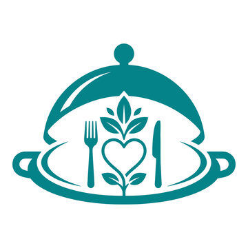 Teal food logo with heart plant fork knife plate