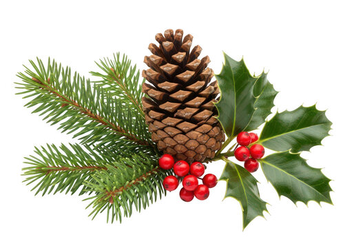 Christmas pine cone holly branch isolated on transparent background