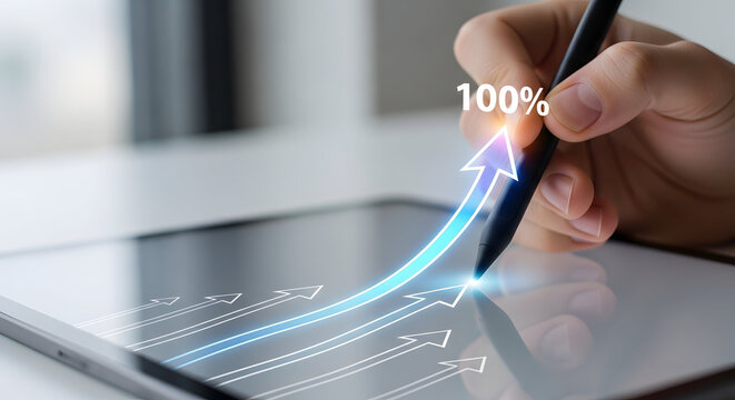 Hand drawing 100 percent growth success graph on digital tablet screen with rising glowing arrow