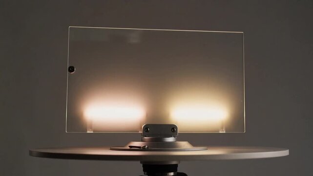 Rotating clear panel on studio turntable motor starting and showing clamp and two lights for shoot