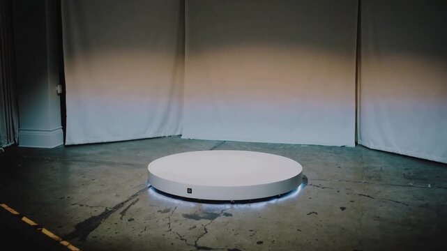 LED underglow increasing, white circular platform glowing in studio on cracked floor, logo visible