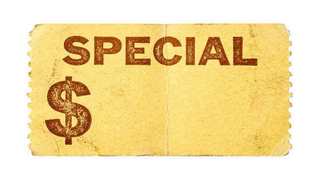 Vintage yellow paper ticket featuring bold brown special offer text and dollar sign symbol isolated printed on transparent background