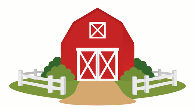 Red Wooden Barn with White Trim Triangular Roof Fenced Yard Dirt Path Farm Building Vector Illustration - professional high resolution commercial stock photography with detailed commercial stock