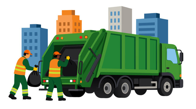 Two Sanitation Workers in Bright Safety Vests Loading Black Trash Bags Into Rear of Green Garbage Truck on City Street With Colorful Buildings Urban Waste Management Illustration