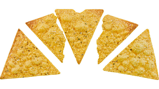 Four crispy triangular corn tortilla chips with salt and seasoning