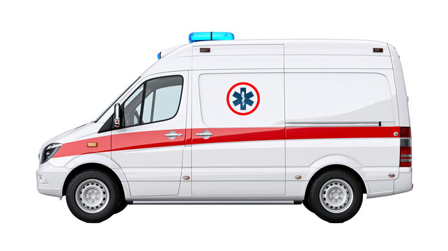 White ambulance van with red stripe and blue emergency light on roof