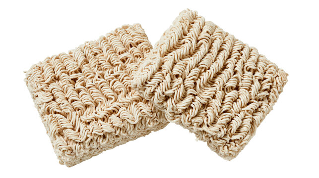 Two dry rectangular blocks of instant ramen noodles