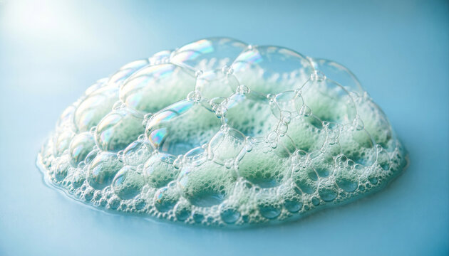 Delicate soap bubbles and foam cluster on a clean light blue background / Delicadas burbujas de jab&oacute;n y espuma se agrupan sobre un fondo azul claro y limpio.