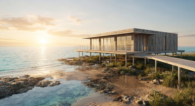 Golden Hour Amphibious Building Harmonized with Coastal Foreshore