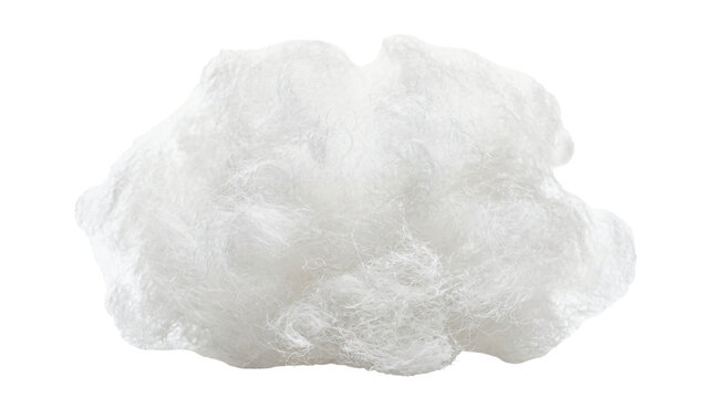 Fluffy clump of white synthetic polyester fiber material used for padding pillows and stuffing plush toys presented on transparent background