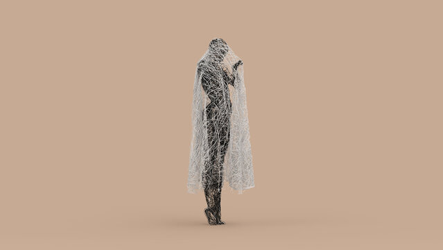 Abstract 3D Female Ghost Wire Tangled Figure for Halloween Concept - Abstract illustration of a mysterious female ghost formed from tangled black and white wires, perfect for Halloween concept