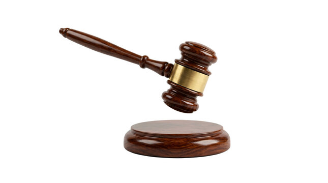 Polished dark wooden judge gavel with brass band striking a matching circular base captured in studio lighting on transparent background