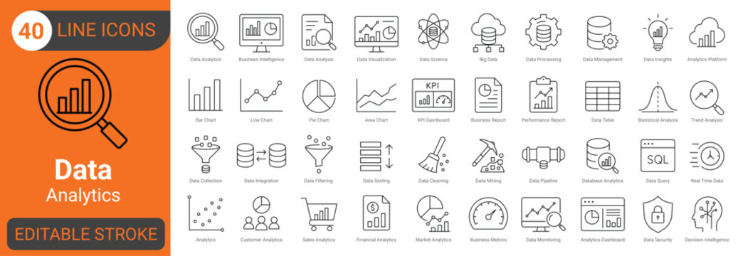 data analytics and business intelligence line icon set with statistics, charts, dashboard, database, reporting, visualization, research, business, report, analysis, and finance. Editable stroke.