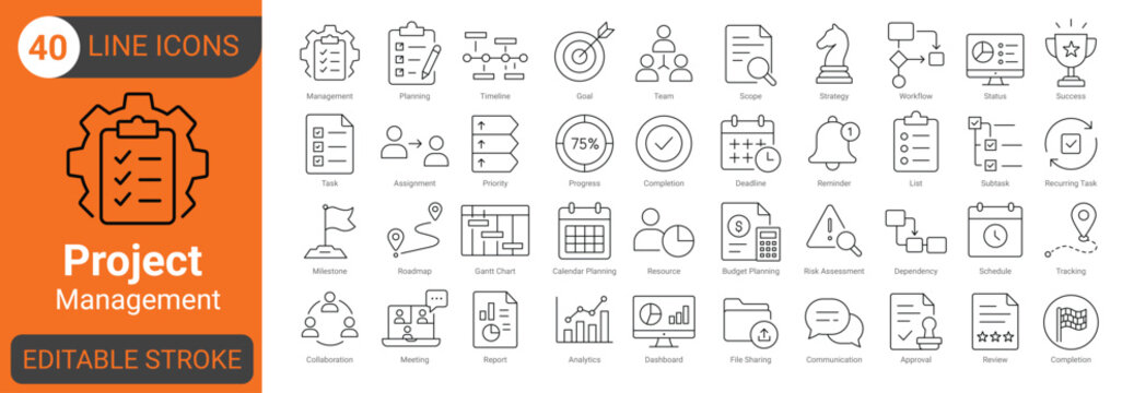 project management line icon set with planning, workflow, task, team, schedule, deadline, progress, strategy, business, productivity and manager. Editable stroke. Line icons.