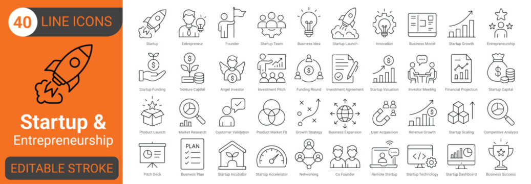 startup and entrepreneurship line icon set with business, innovation, strategy, investment, planning, leadership, marketing, growth, finance, startup. Editable stroke. Vector icons set.