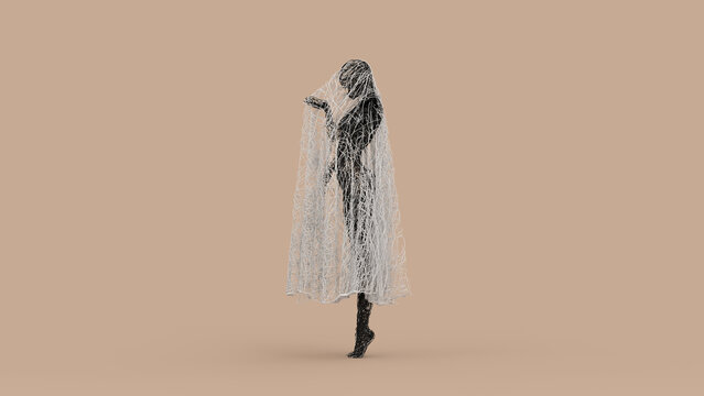 Abstract 3D Female Ghost Wire Tangled Figure for Halloween Concept - Abstract illustration of a mysterious female ghost formed from tangled black and white wires, perfect for Halloween concept