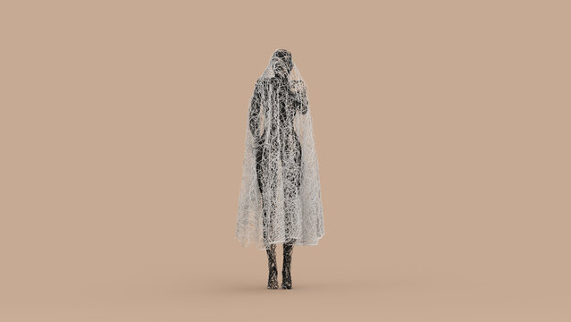 Abstract 3D Female Ghost Wire Tangled Figure for Halloween Concept - Abstract illustration of a mysterious female ghost formed from tangled black and white wires, perfect for Halloween concept